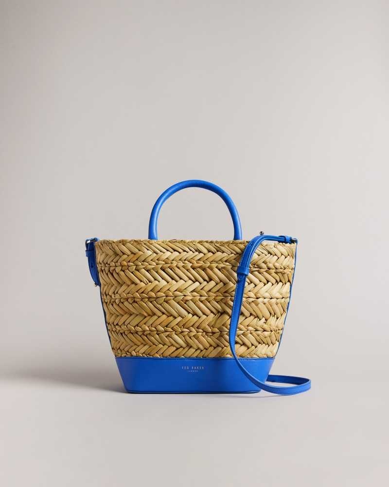 Bright Blue Ted Baker Ivelie Medium Raffia Basket Weave Tote Bag | US0001345