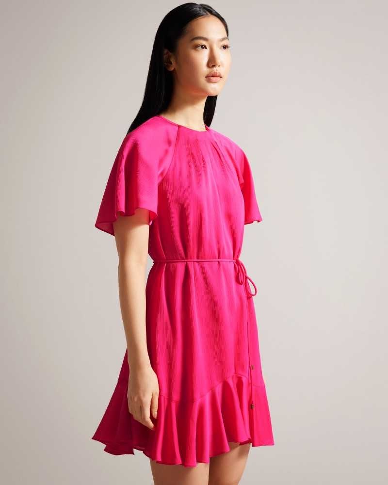 Bright Pink Ted Baker Elsieee Fluted Hem Mini Skater Dresses | US0000072