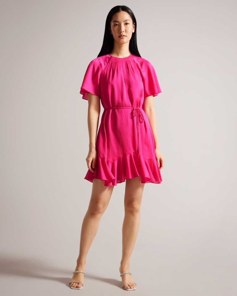 Bright Pink Ted Baker Elsieee Fluted Hem Mini Skater Dresses | US0000072