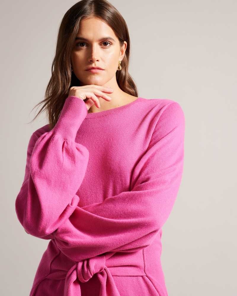 Bright Pink Ted Baker Essya Slouchy Tie Front Midi Knit Dresses | US0000069