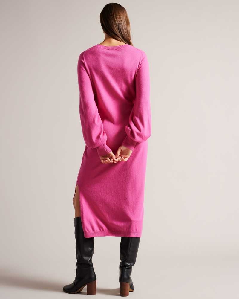 Bright Pink Ted Baker Essya Slouchy Tie Front Midi Knit Dresses | US0000069