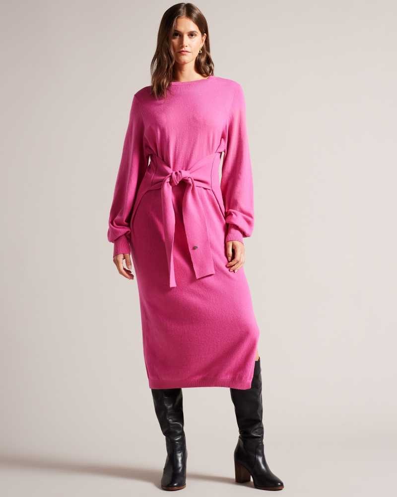 Bright Pink Ted Baker Essya Slouchy Tie Front Midi Knit Dresses | US0000069