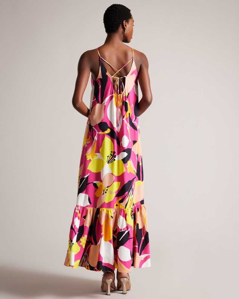 Bright Pink Ted Baker Ikella Abstract Print Pleated Halter Maxi Dresses | US0000047