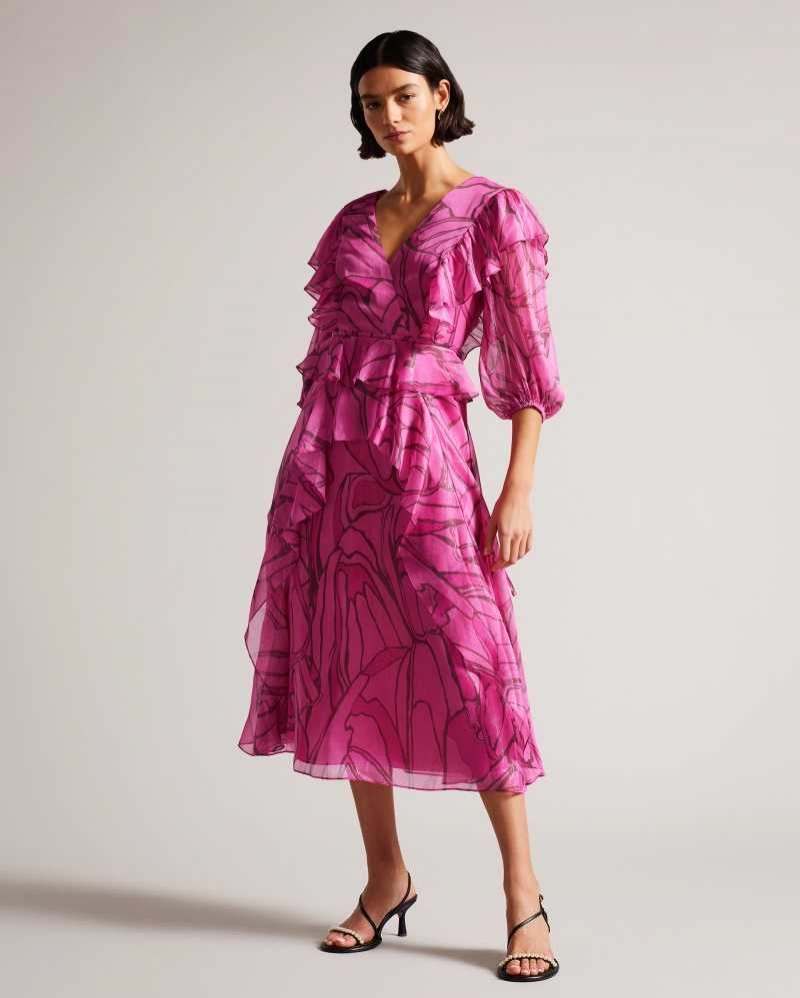 Bright Pink Ted Baker Victoir Ruffled Abstract Print Pinafore Dresses | US0000008