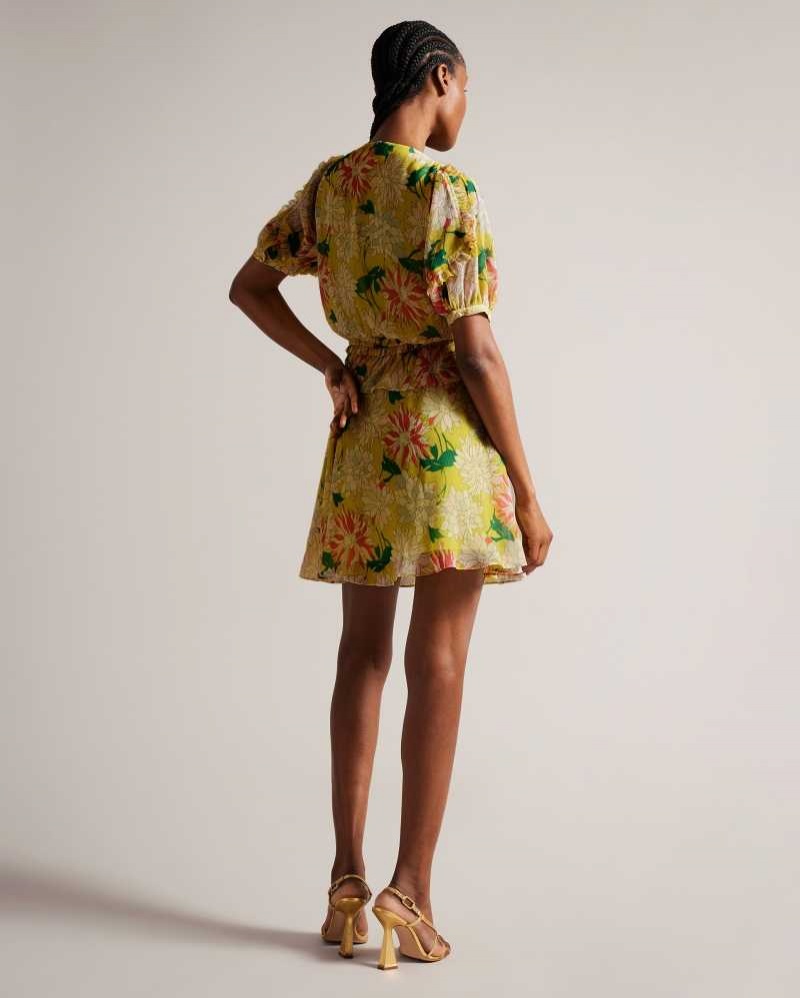 Bright Yellow Ted Baker Isbella V Neck Peplum Waist Mini Dresses | US0000110