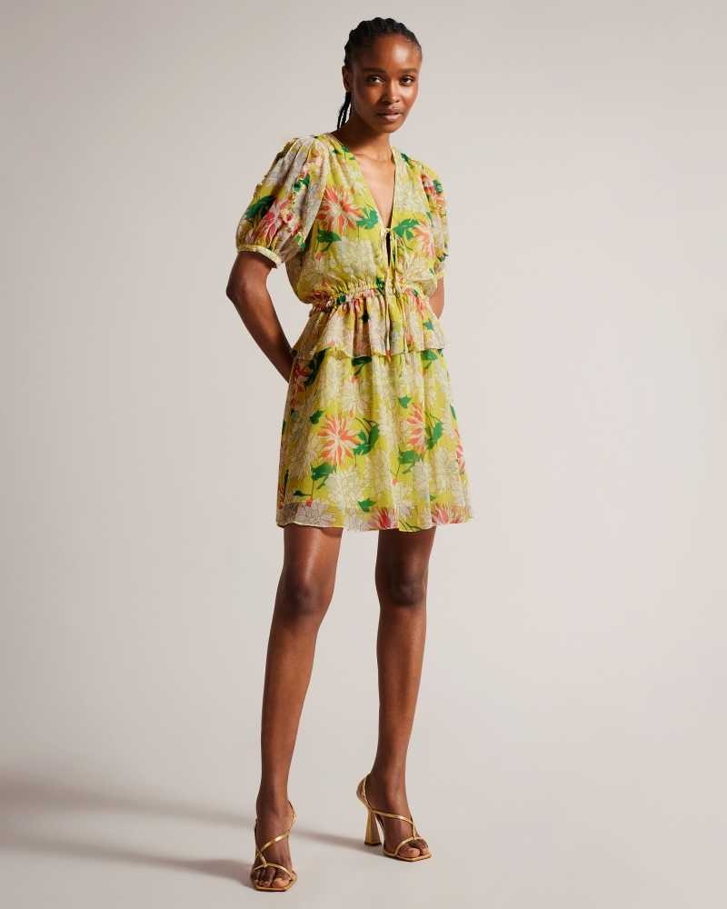 Bright Yellow Ted Baker Isbella V Neck Peplum Waist Mini Dresses | US0000110