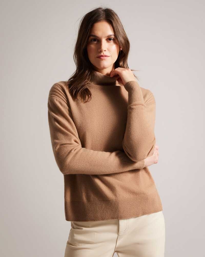 Camel Ted Baker Ruthell Organic Cashmere Roll Neck Jumper | US0000389