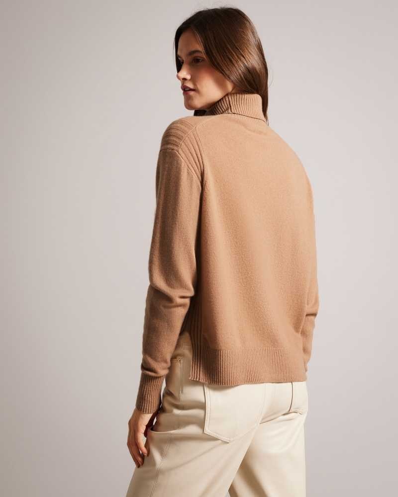 Camel Ted Baker Ruthell Organic Cashmere Roll Neck Jumper | US0000389