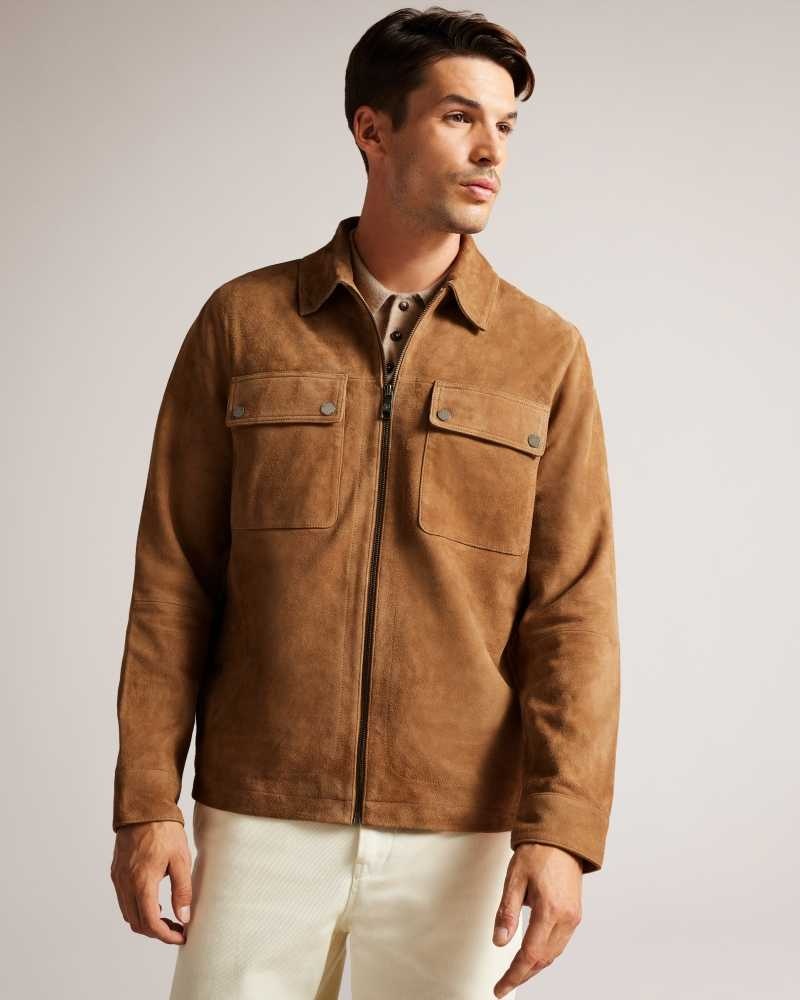 Camel Ted Baker Thierry Suede Zip Through Shacket Jackets | US0000287