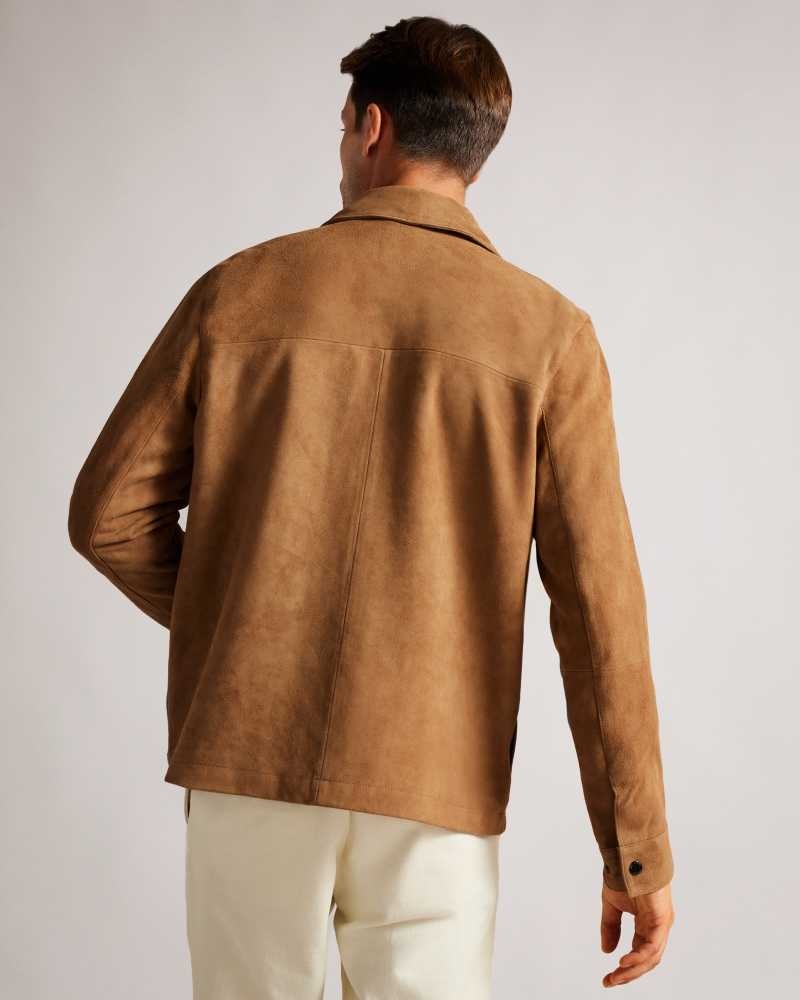 Camel Ted Baker Thierry Suede Zip Through Shacket Jackets | US0000287