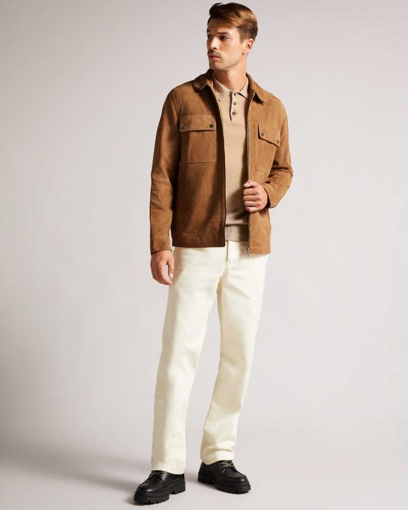 Camel Ted Baker Thierry Suede Zip Through Shacket Jackets | US0000287