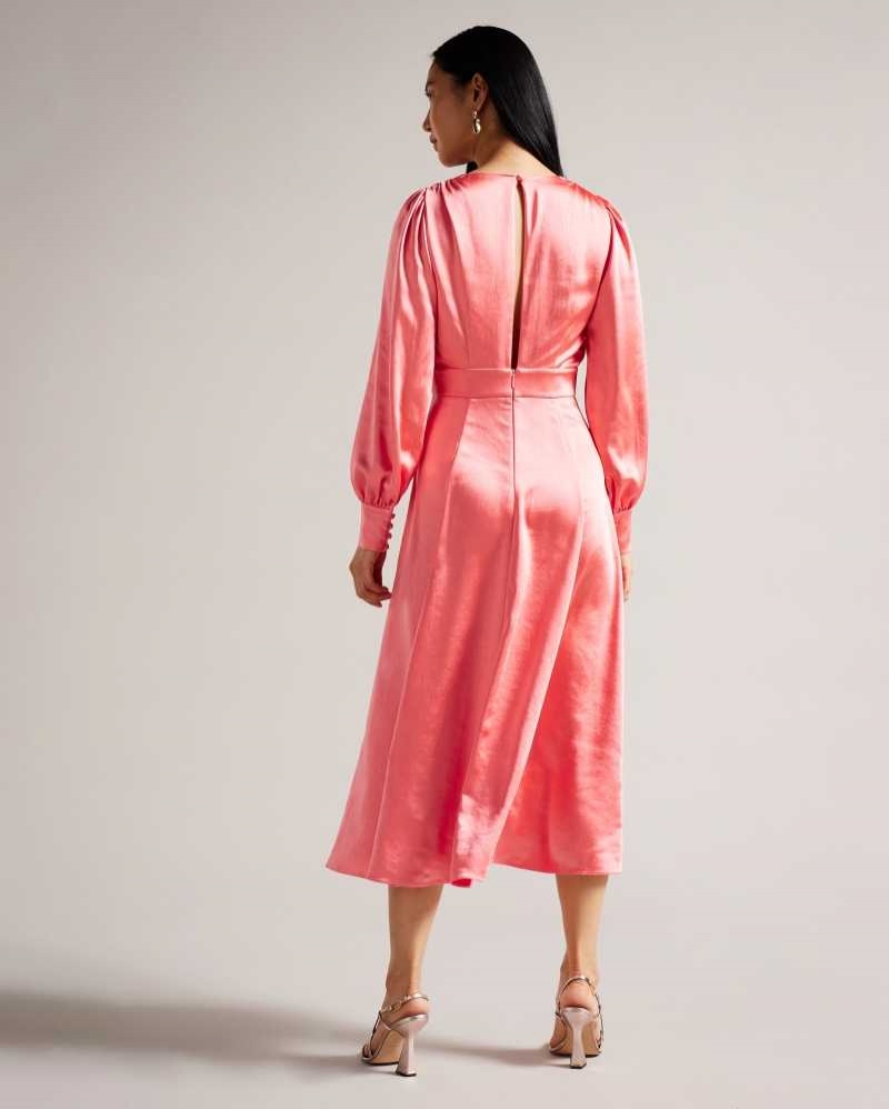 Coral Ted Baker Daniia Satin Midi Dresses With Blouson Sleeve | US0000096