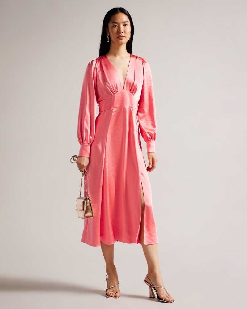 Coral Ted Baker Daniia Satin Midi Dresses With Blouson Sleeve | US0000096