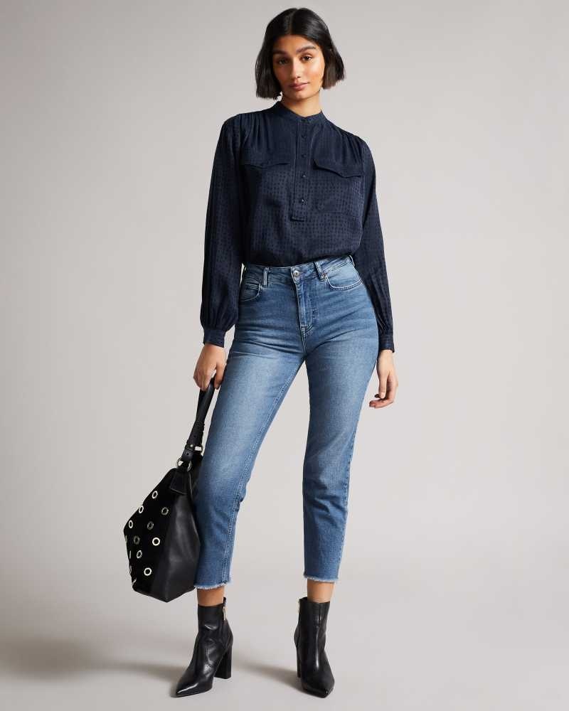 Dark Blue Ted Baker Agnez Grandad Collar Cupro Blouse Blouse | US0001080