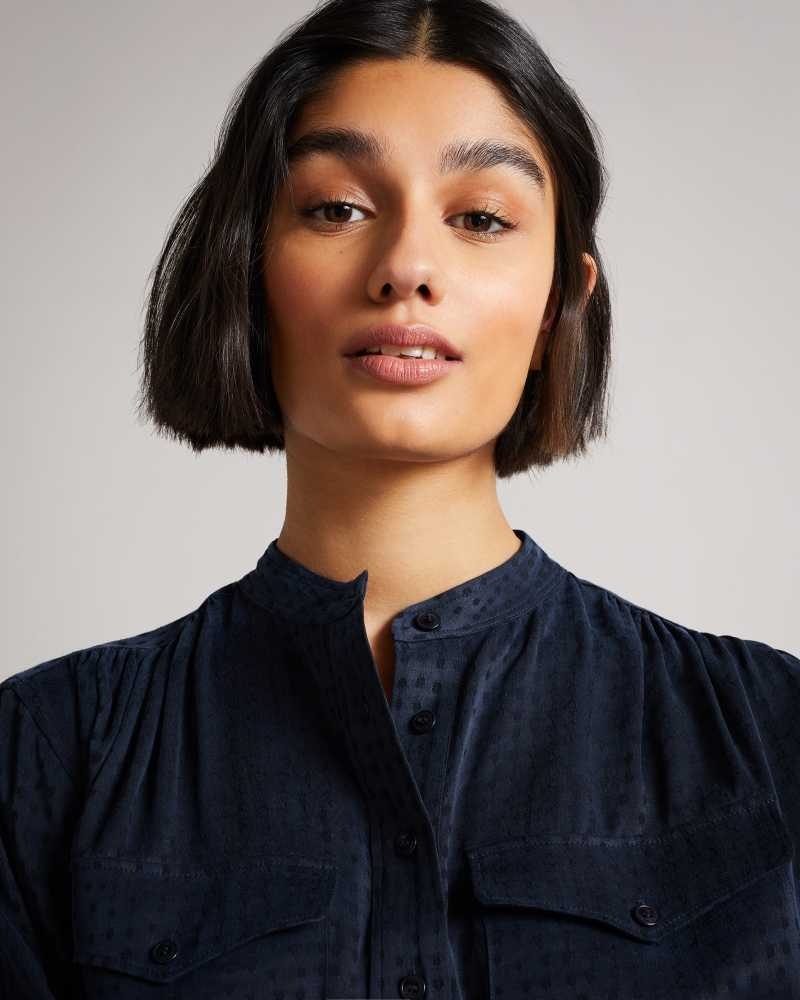 Dark Blue Ted Baker Agnez Grandad Collar Cupro Blouse Blouse | US0001080