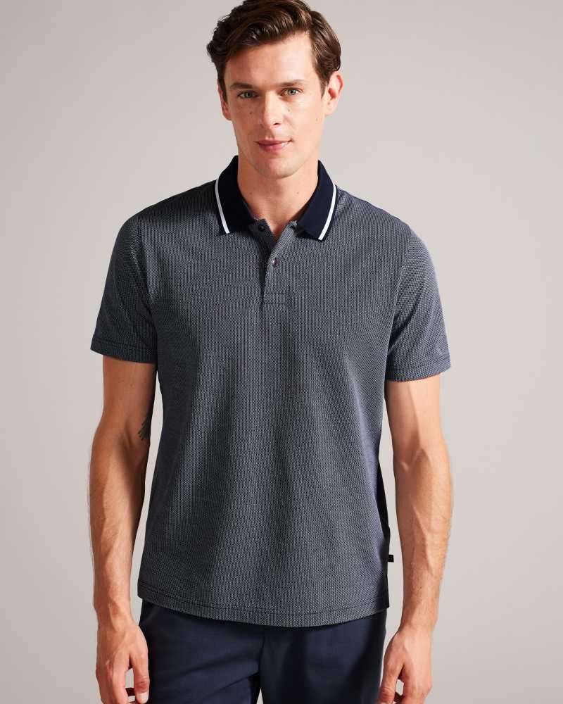 Dark Blue Ted Baker Arts Mini Jacquard Stitch Polo Shirt | US0000530