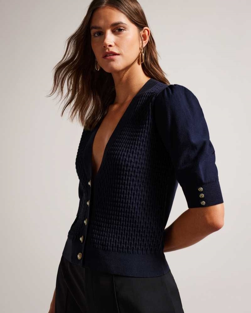 Dark Blue Ted Baker Charess Cropped Cardigan with Diamante Buttons | US0000366