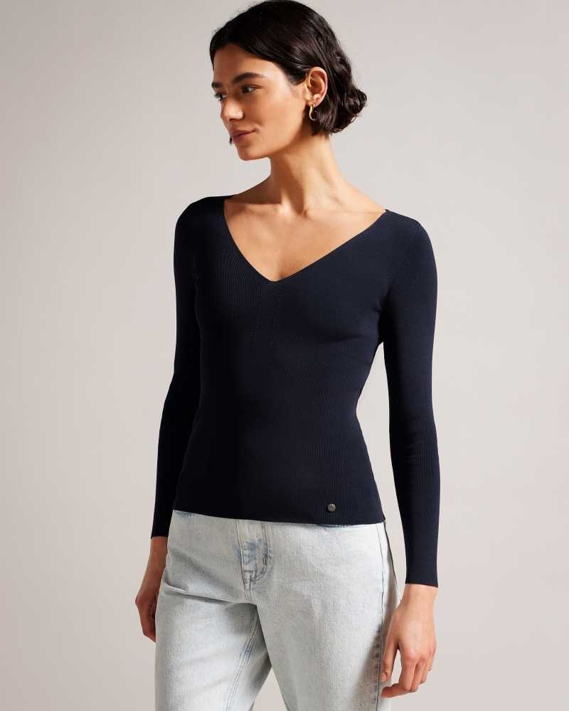 Dark Blue Ted Baker Cileste V Neck Slim Fit Knit Top | US0000405