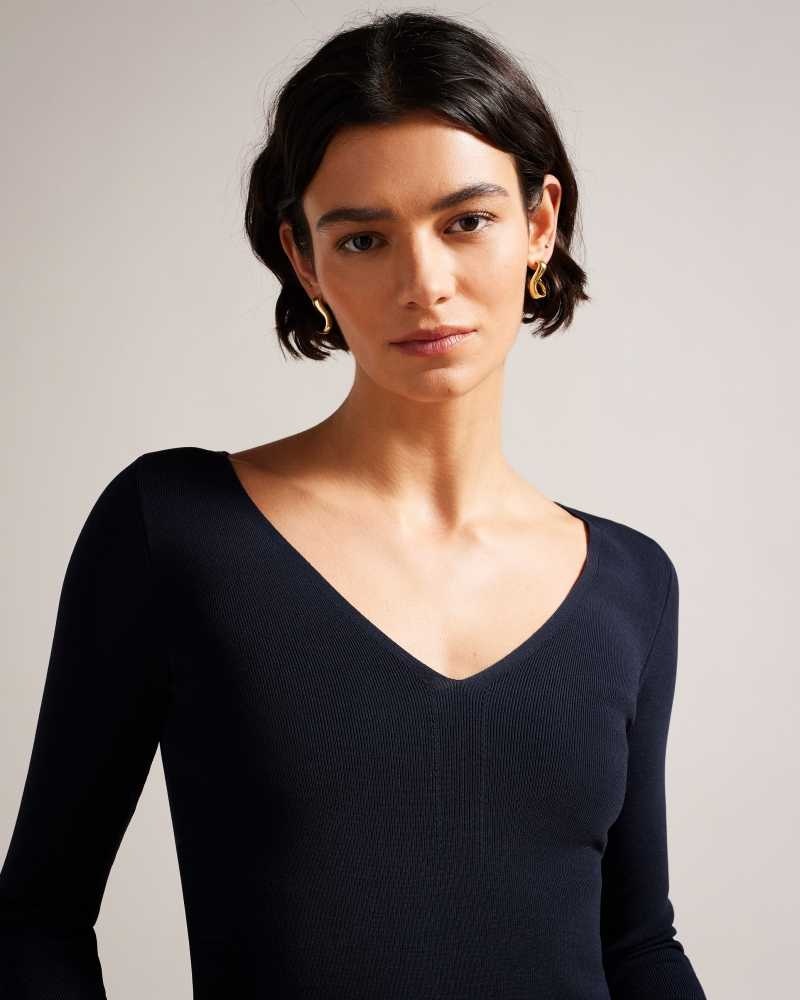 Dark Blue Ted Baker Cileste V Neck Slim Fit Knit Top | US0000405