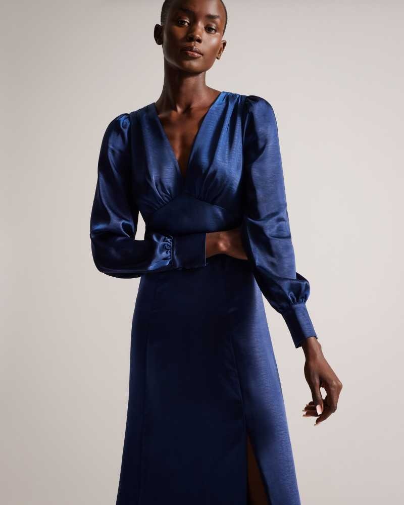 Dark Blue Ted Baker Daniia Satin Midi Dresses With Blouson Sleeve | US0000163