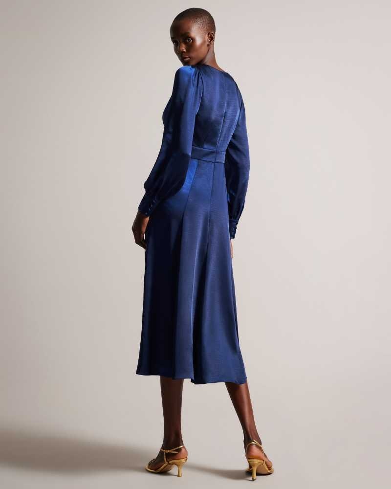 Dark Blue Ted Baker Daniia Satin Midi Dresses With Blouson Sleeve | US0000163