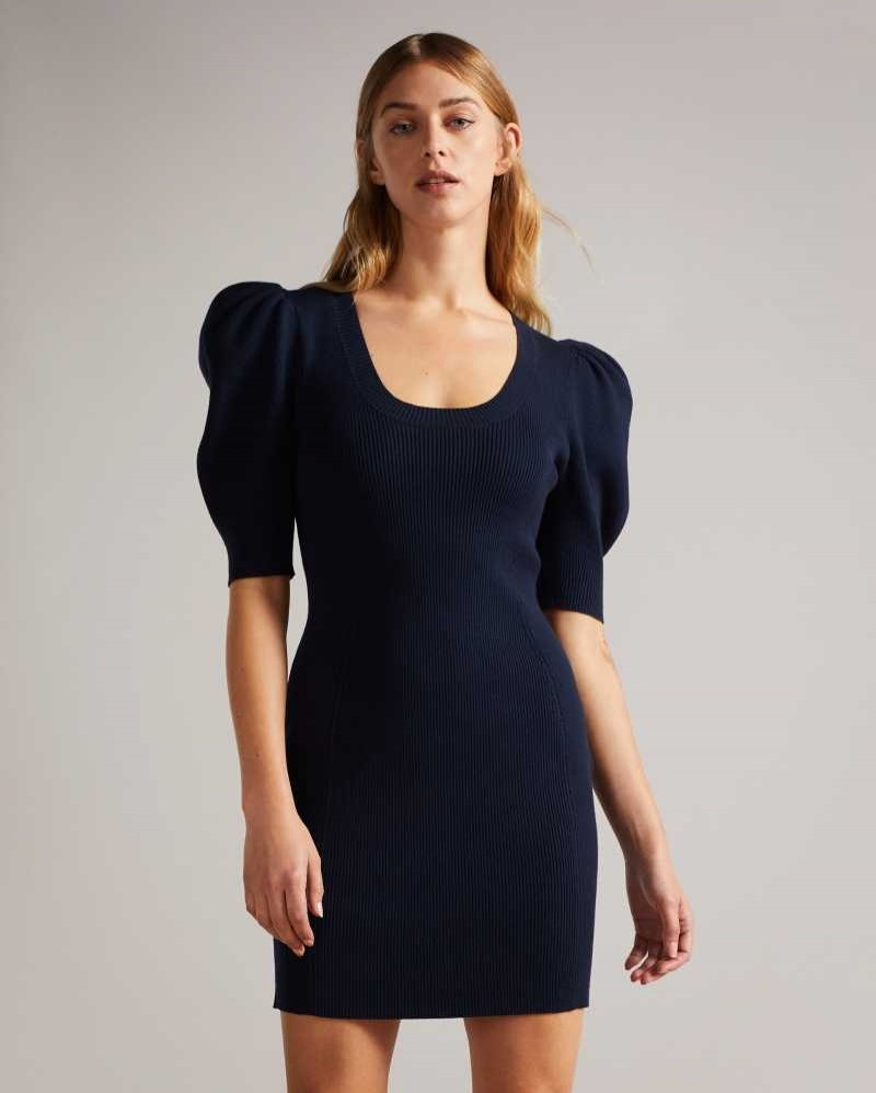 Dark Blue Ted Baker Dollra Scoop Neck Bodycon Dresses | US0000160