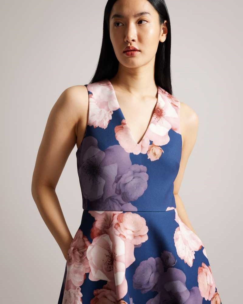 Dark Blue Ted Baker Emleey V-Neck Printed Skater Dresses | US0000123