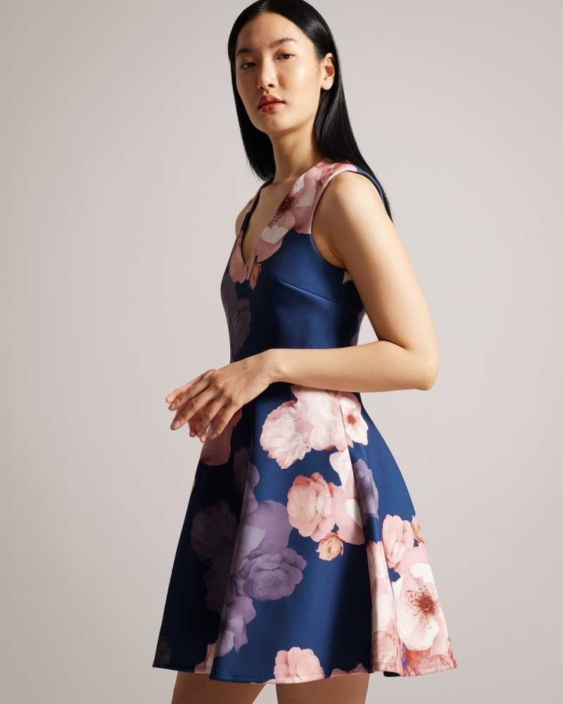 Dark Blue Ted Baker Emleey V-Neck Printed Skater Dresses | US0000123