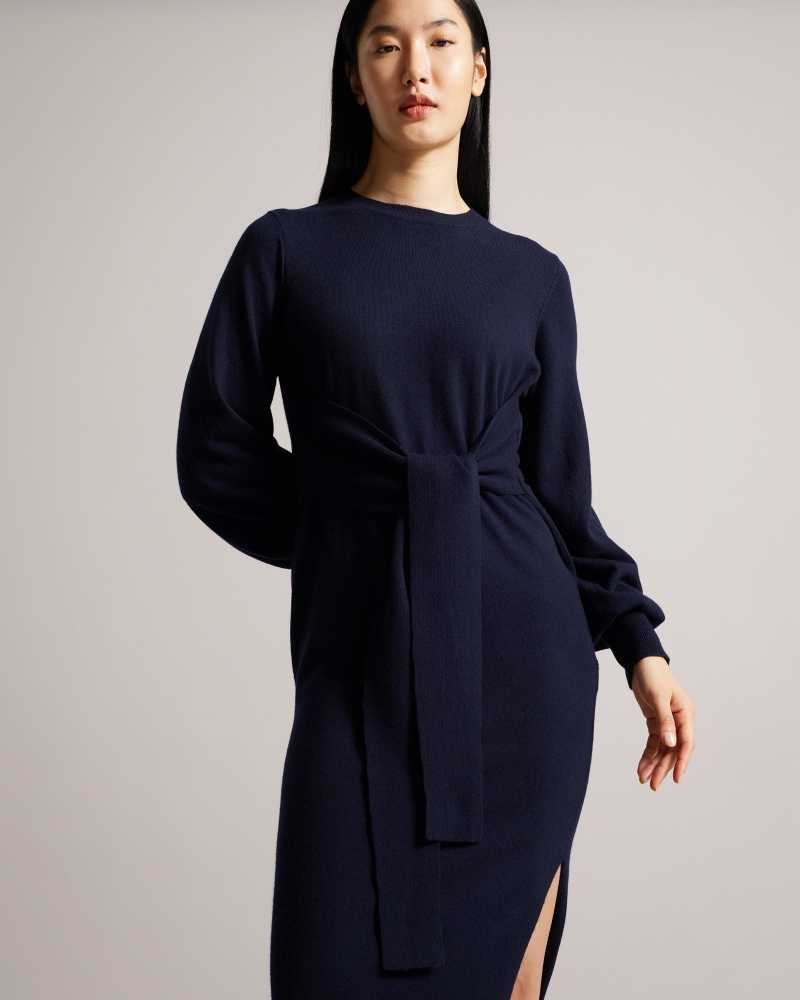 Dark Blue Ted Baker Essya Slouchy Tie Front Midi Knit Dresses | US0000042