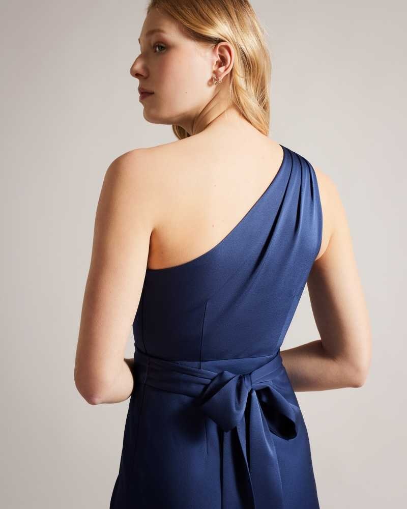 Dark Blue Ted Baker Gabie One Shoulder Drape Midi Dresses | US0000134