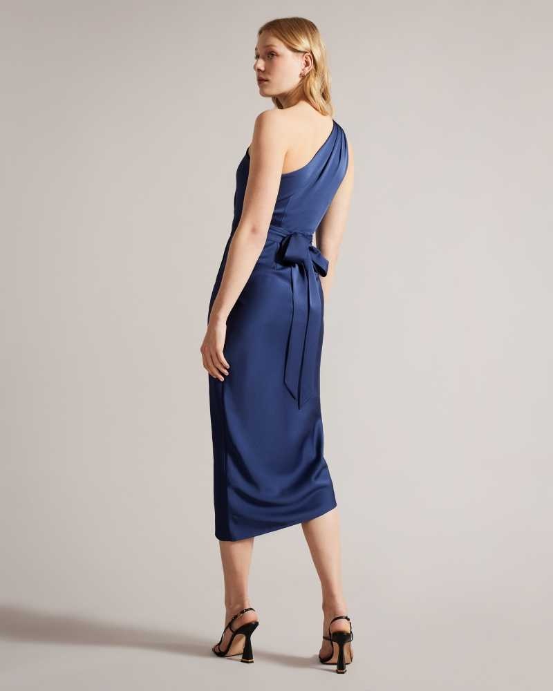 Dark Blue Ted Baker Gabie One Shoulder Drape Midi Dresses | US0000134