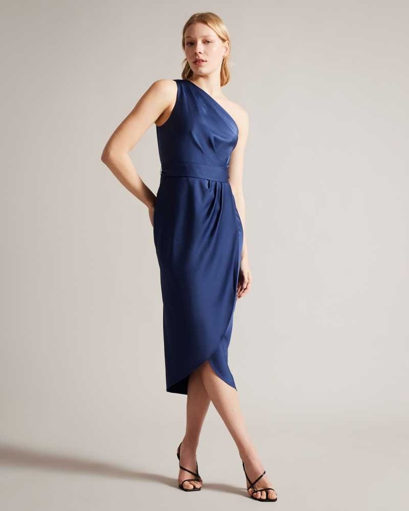 Dark Blue Ted Baker Gabie One Shoulder Drape Midi Dresses | US0000134