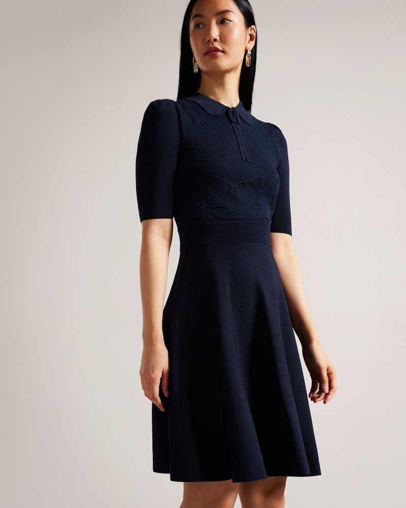 Dark Blue Ted Baker Hillder Delicate Pointelle Knit Dresses | US0000079