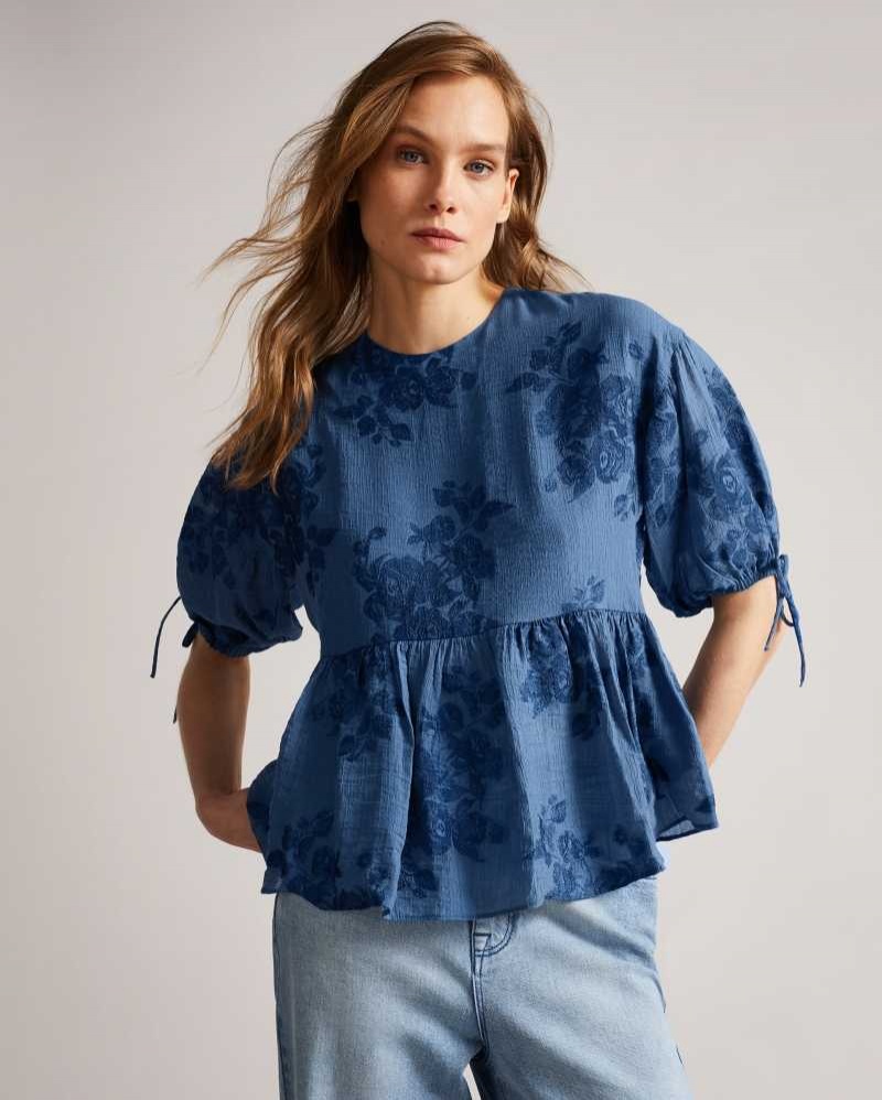 Dark Blue Ted Baker Kaarin Exaggerated Puff Sleeve Top | US0001006