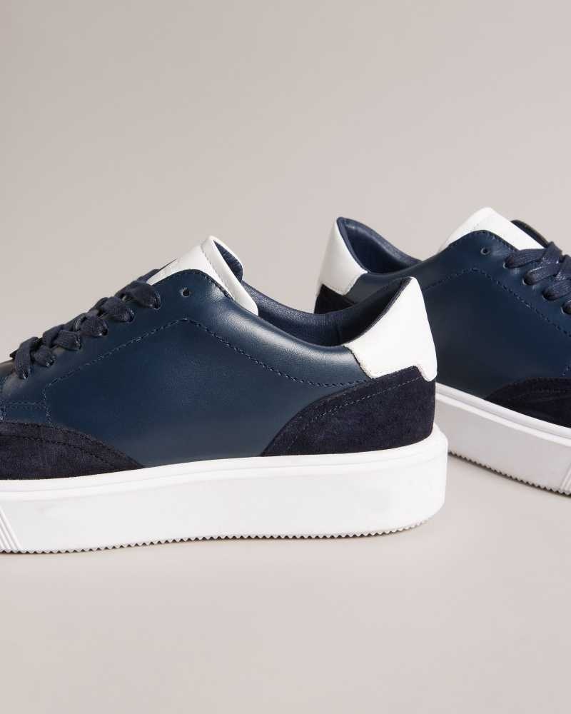 Dark Blue Ted Baker Luigis Inflated Sole Leather And Suede Sneakers | US0002202