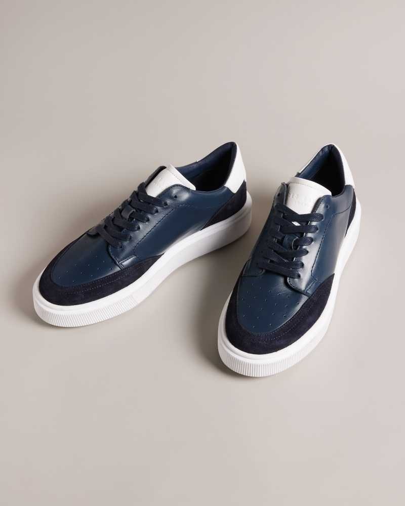 Dark Blue Ted Baker Luigis Inflated Sole Leather And Suede Sneakers | US0002202