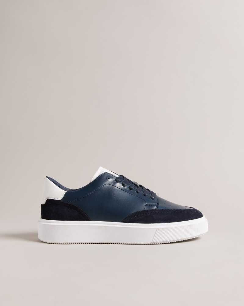 Dark Blue Ted Baker Luigis Inflated Sole Leather And Suede Sneakers | US0002202