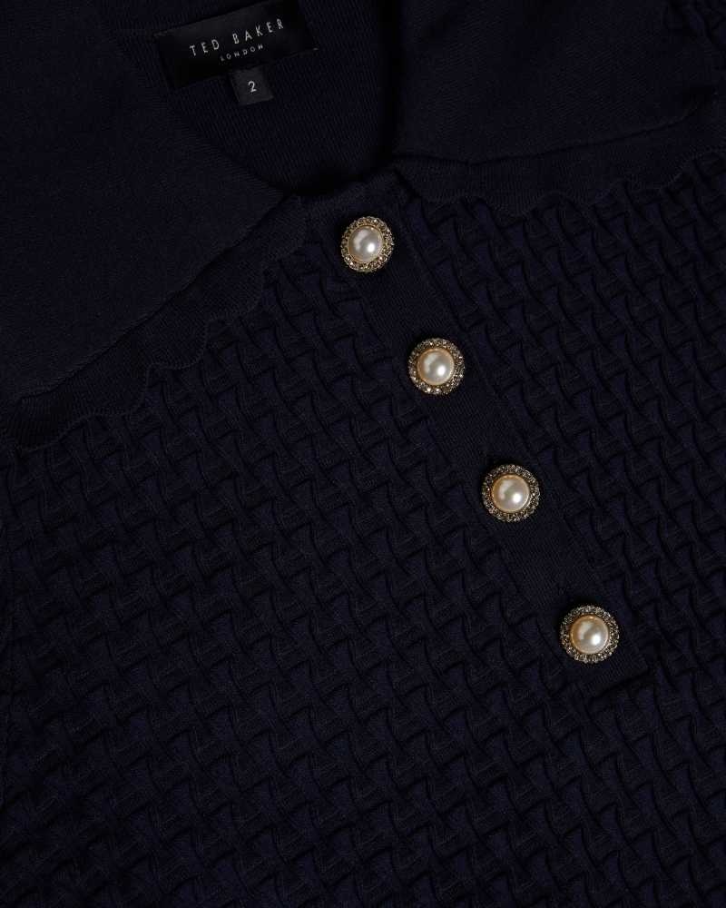 Dark Blue Ted Baker Reannia Polo Knit Top With Embellished Buttons | US0000950