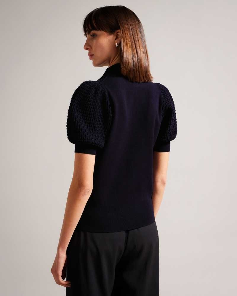 Dark Blue Ted Baker Reannia Polo Knit Top With Embellished Buttons | US0000950