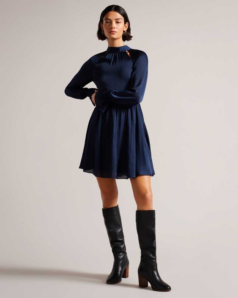 Dark Blue Ted Baker Ryaa High Neck Fit And Flare Mini Dresses | US0000154