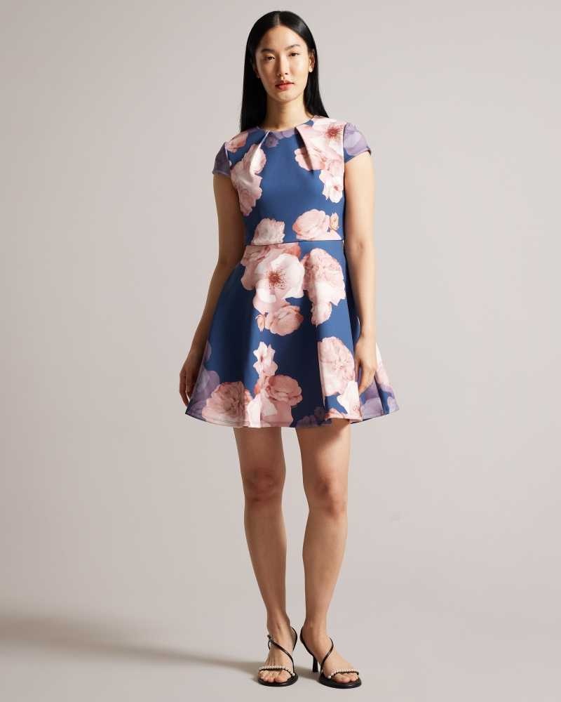 Dark Blue Ted Baker Trinia Floral Print Skater Dresses | US0000021