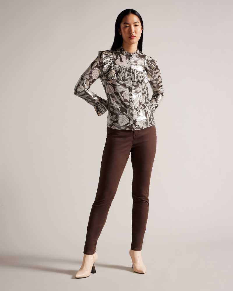 Dark Brown Ted Baker Dottiah Blouse With Ruffle Bib Detail | US0001024