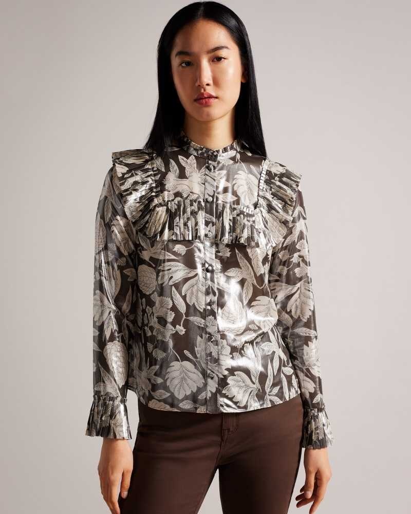 Dark Brown Ted Baker Dottiah Blouse With Ruffle Bib Detail | US0001024