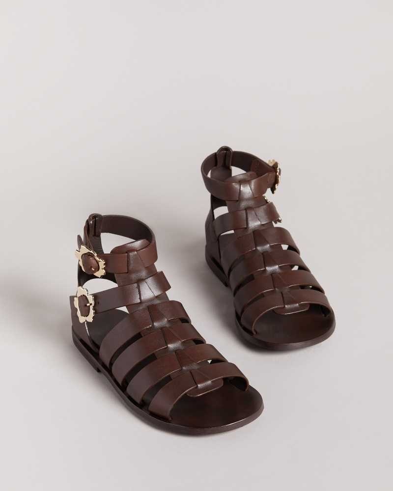 Dark Brown Ted Baker Graycey Leather Flat Gladiator Sandals | US0002148