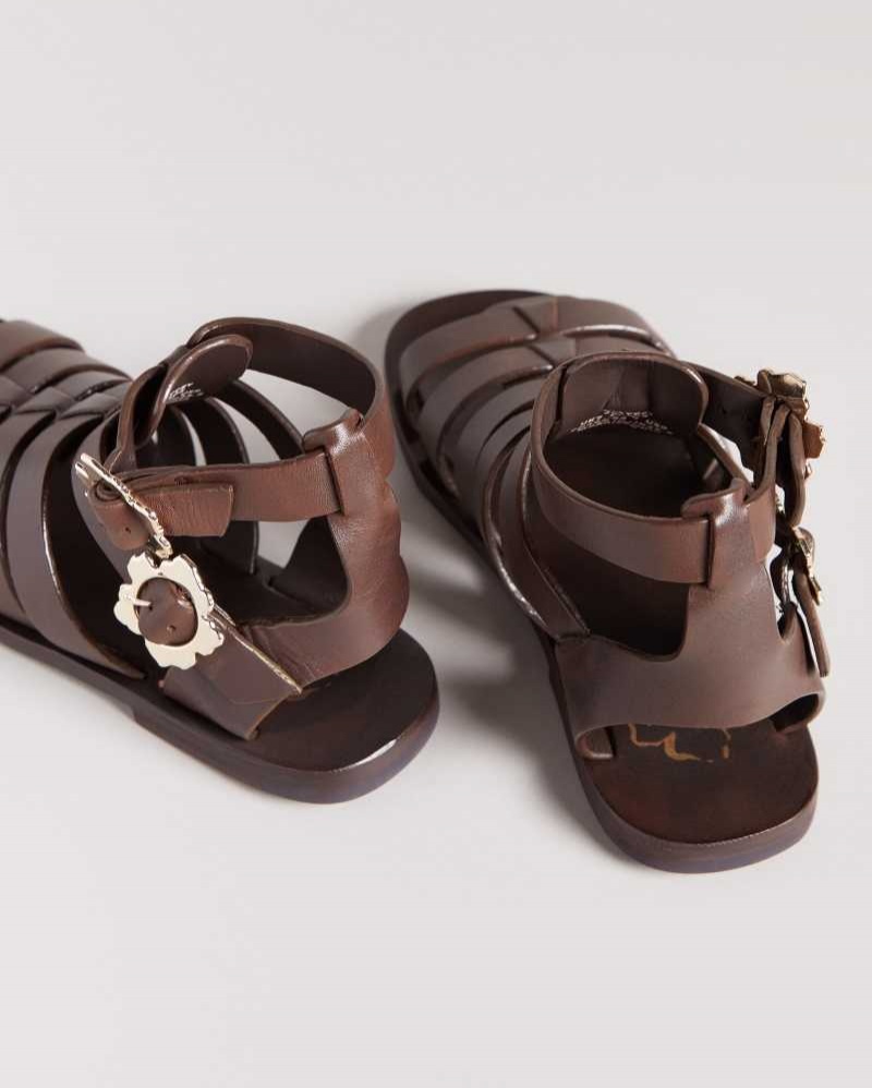 Dark Brown Ted Baker Graycey Leather Flat Gladiator Sandals | US0002148