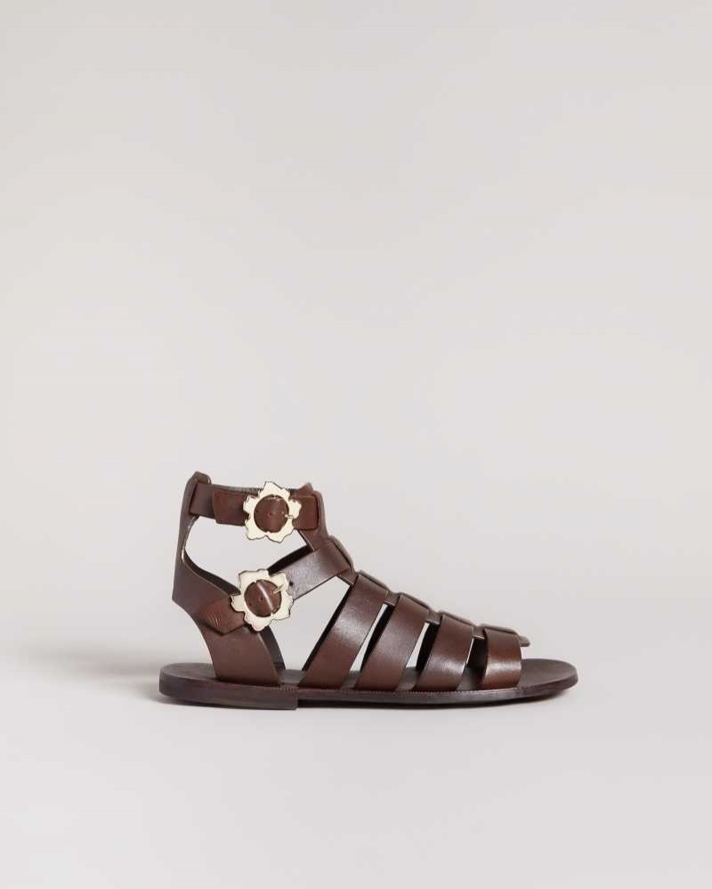 Dark Brown Ted Baker Graycey Leather Flat Gladiator Sandals | US0002148