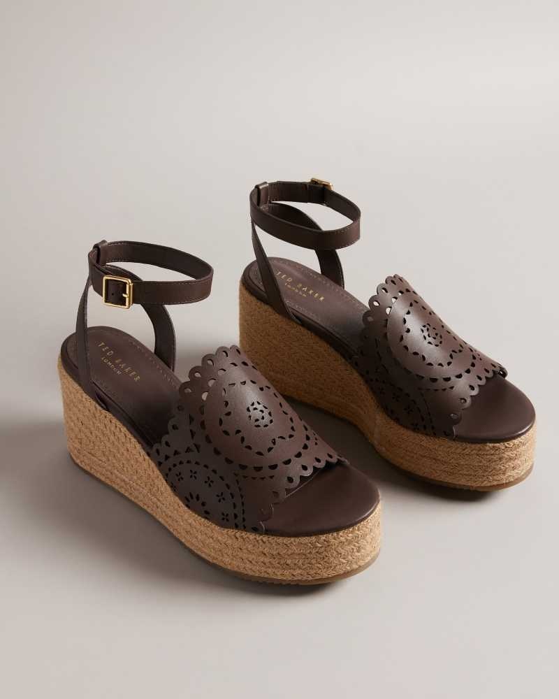 Dark Brown Ted Baker Pinky Laser Cut Wedge Espadrille Sandals | US0002138