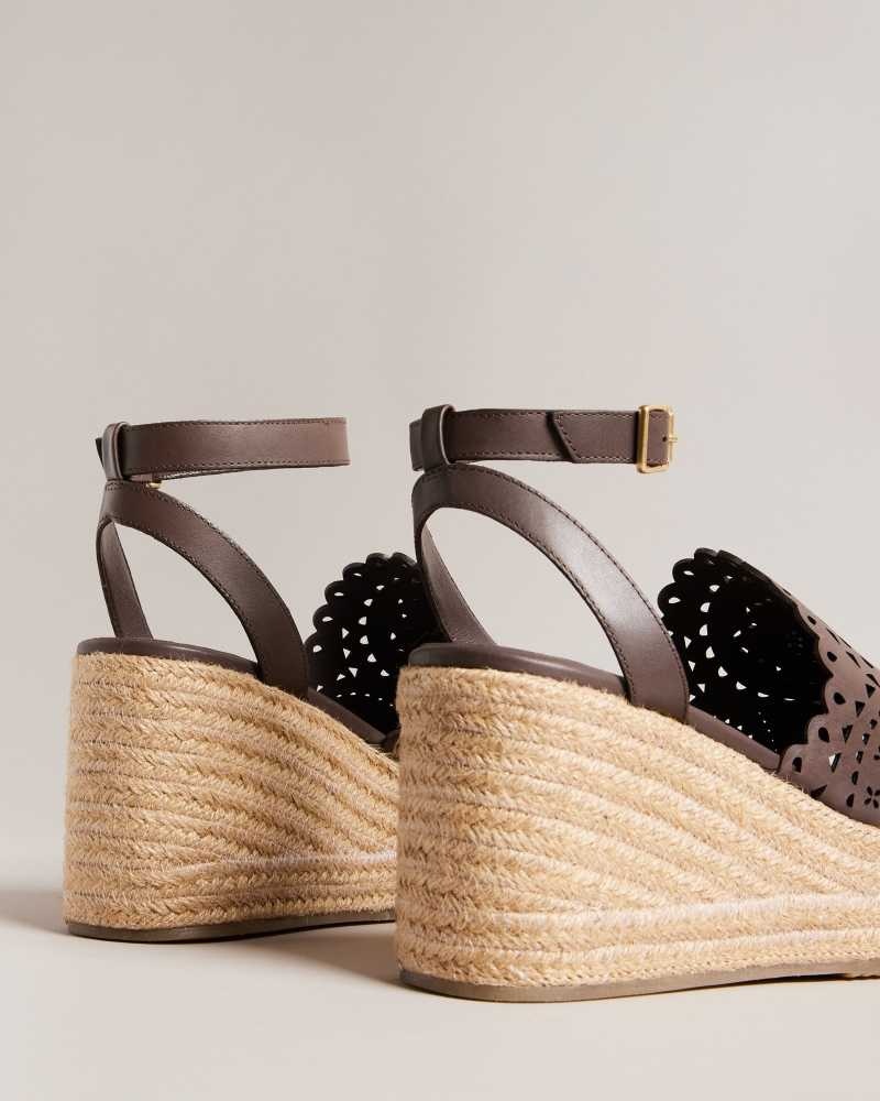 Dark Brown Ted Baker Pinky Laser Cut Wedge Espadrille Sandals | US0002138