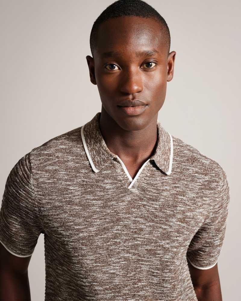 Dark Brown Ted Baker Plantr Open Collar Marled Polo Shirt | US0000525