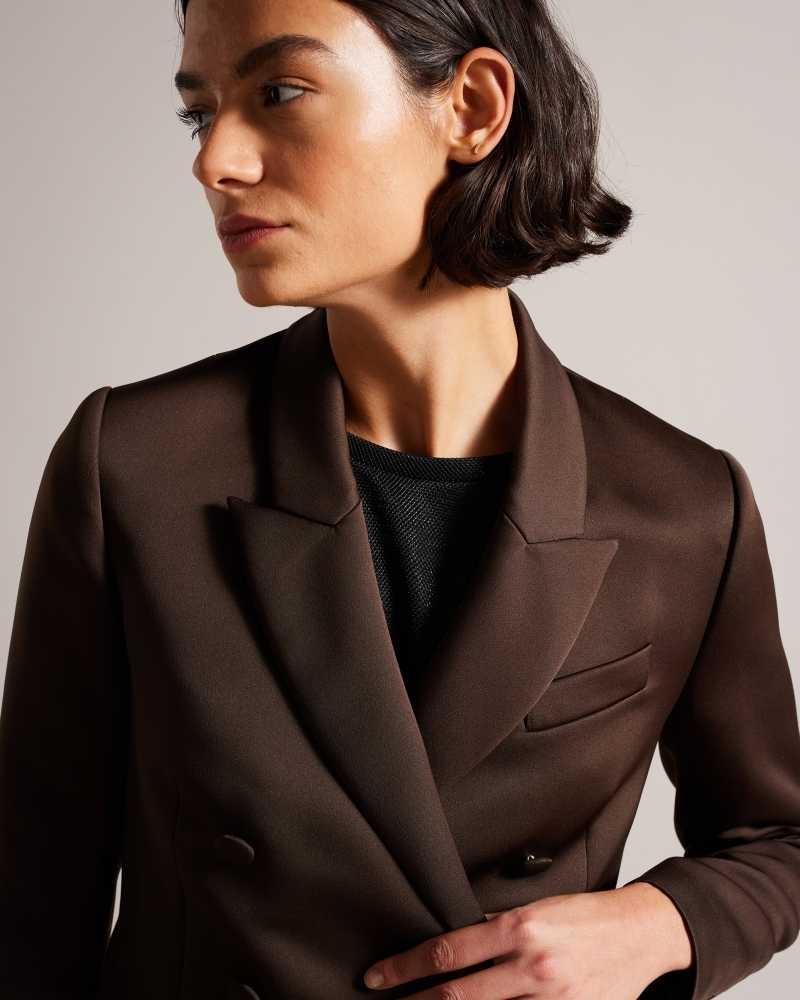 Dark Brown Ted Baker Seraph Double Breasted Satin Boyfriend Blazer | US0000179